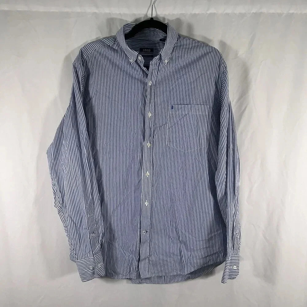 IZOD Dress Shirt Men's Medium Blue White Striped Button Up Long Sleeve